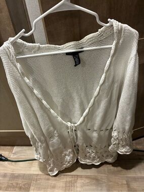 Open Knit Tie-Front Cardigan in White